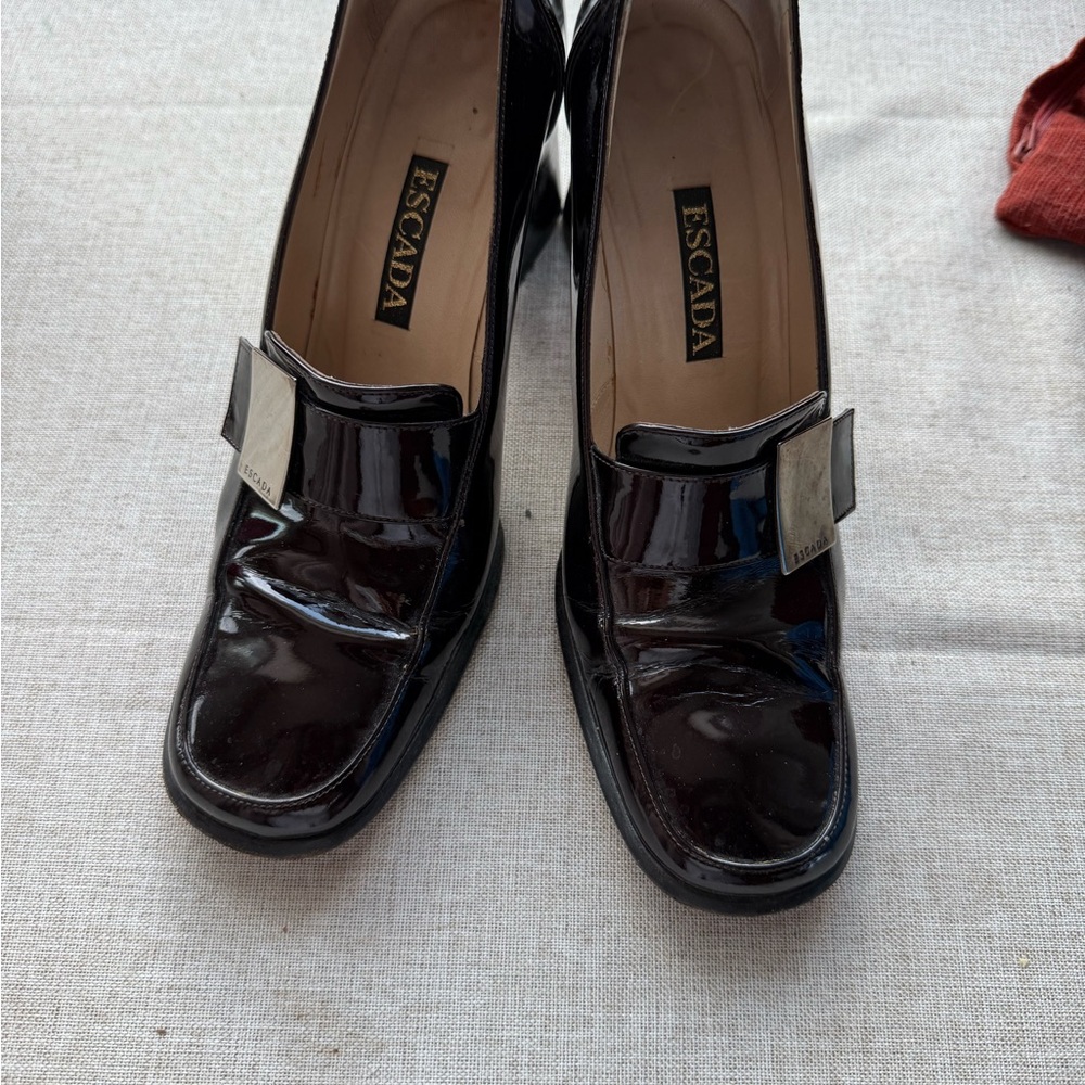 Escada Shiny Black Heels with Silver Accent